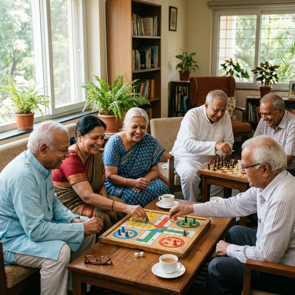 Seniors playing board games inside the Pune center