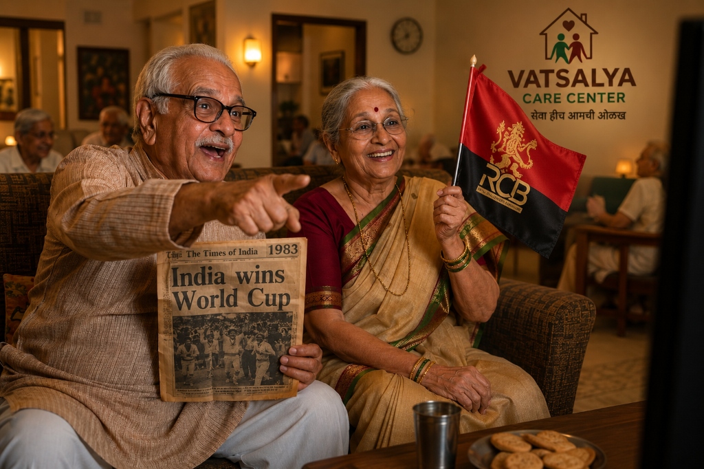 Comforting portrait of happy elderly couple in Pune campus